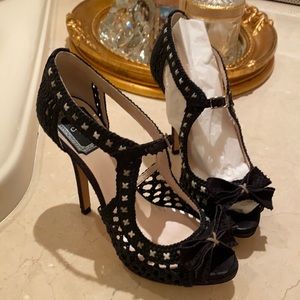 Christian Dior peep toe black leather woven platform heels size 36